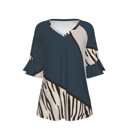 All-Over Print V-neck Women's T-shirt With Bell Sleeve