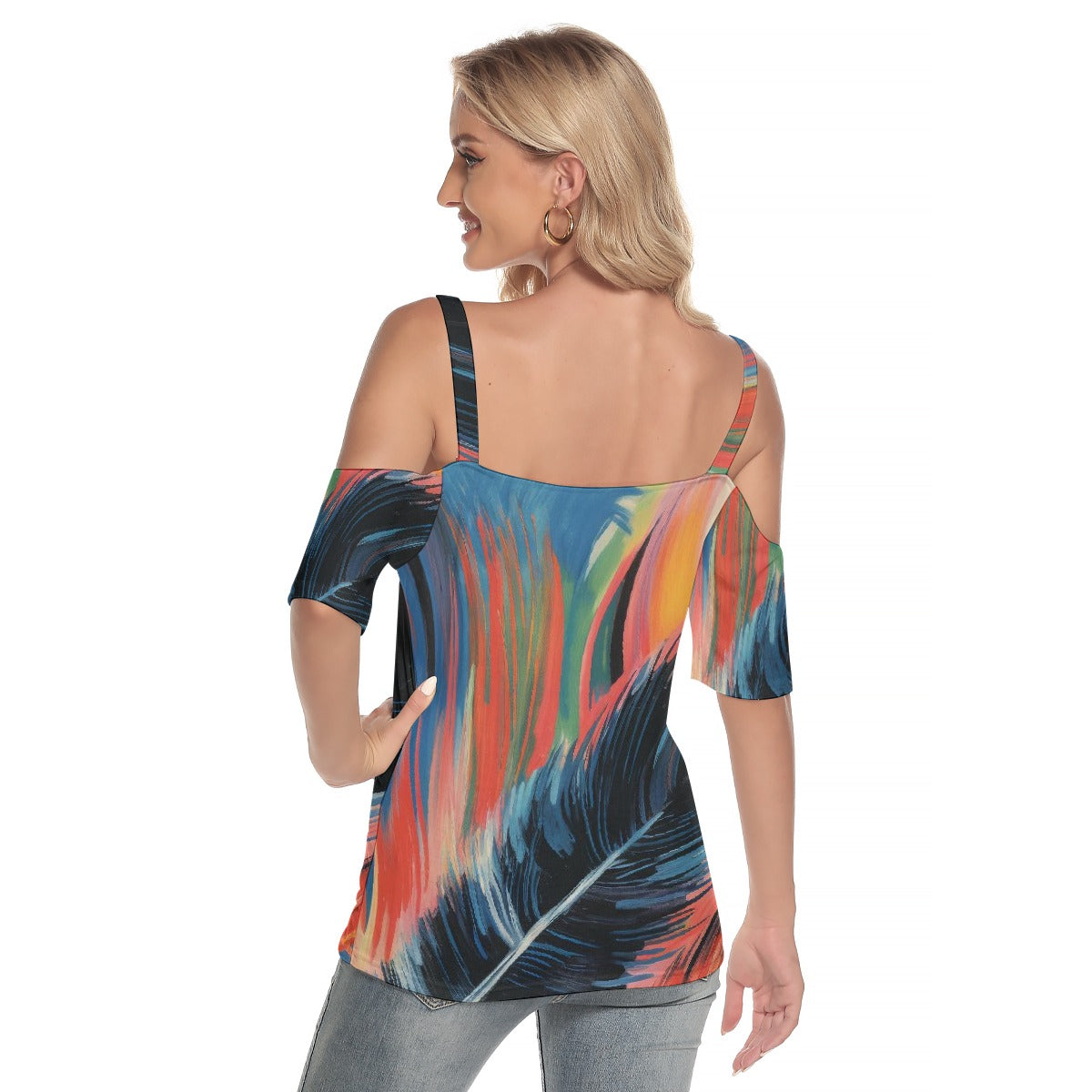 All-Over Print Women's Cold Shoulder T-shirt With Criss Cross Strips