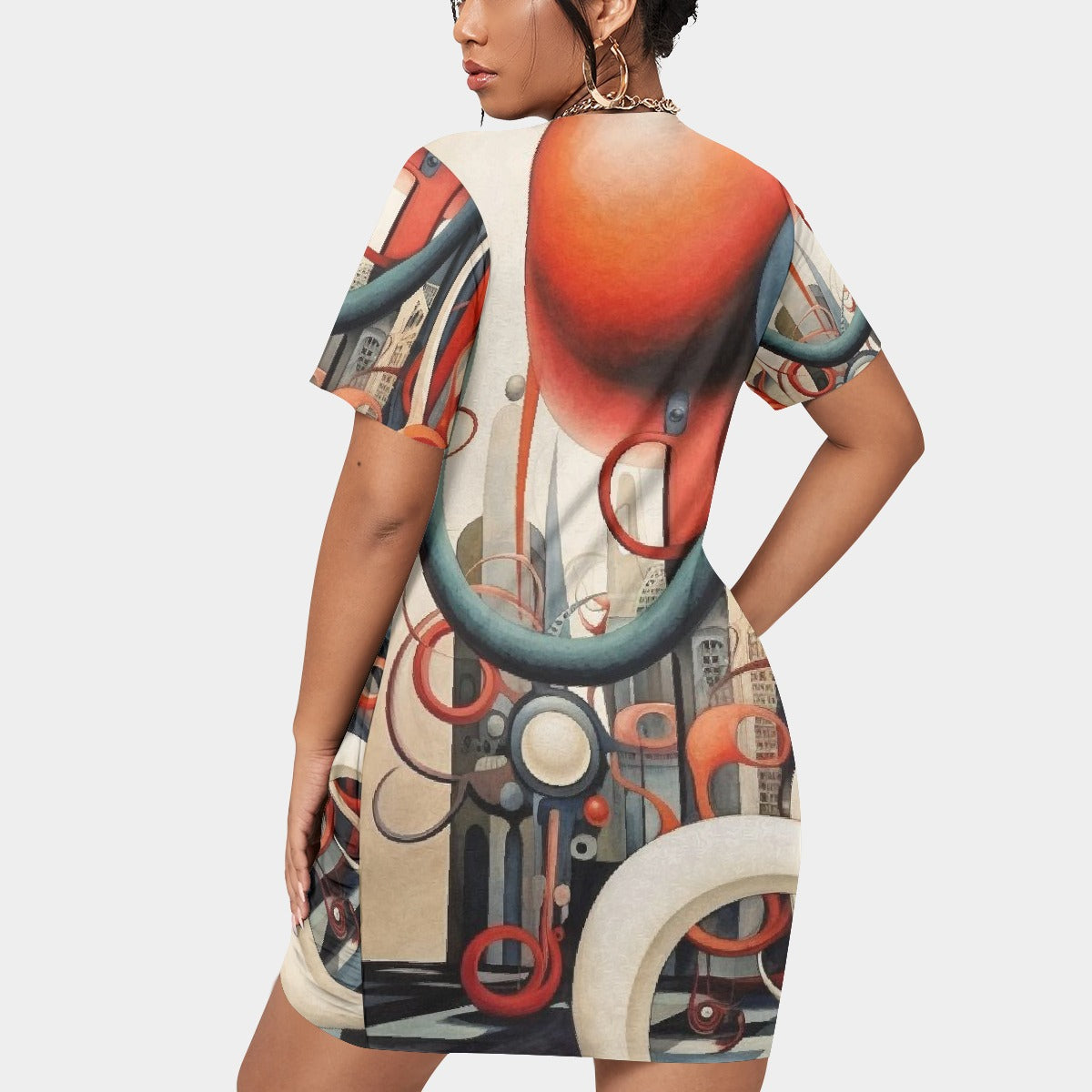 All-Over Print Women’s Stacked Hem Dress With Short Sleeve（Plus Size）