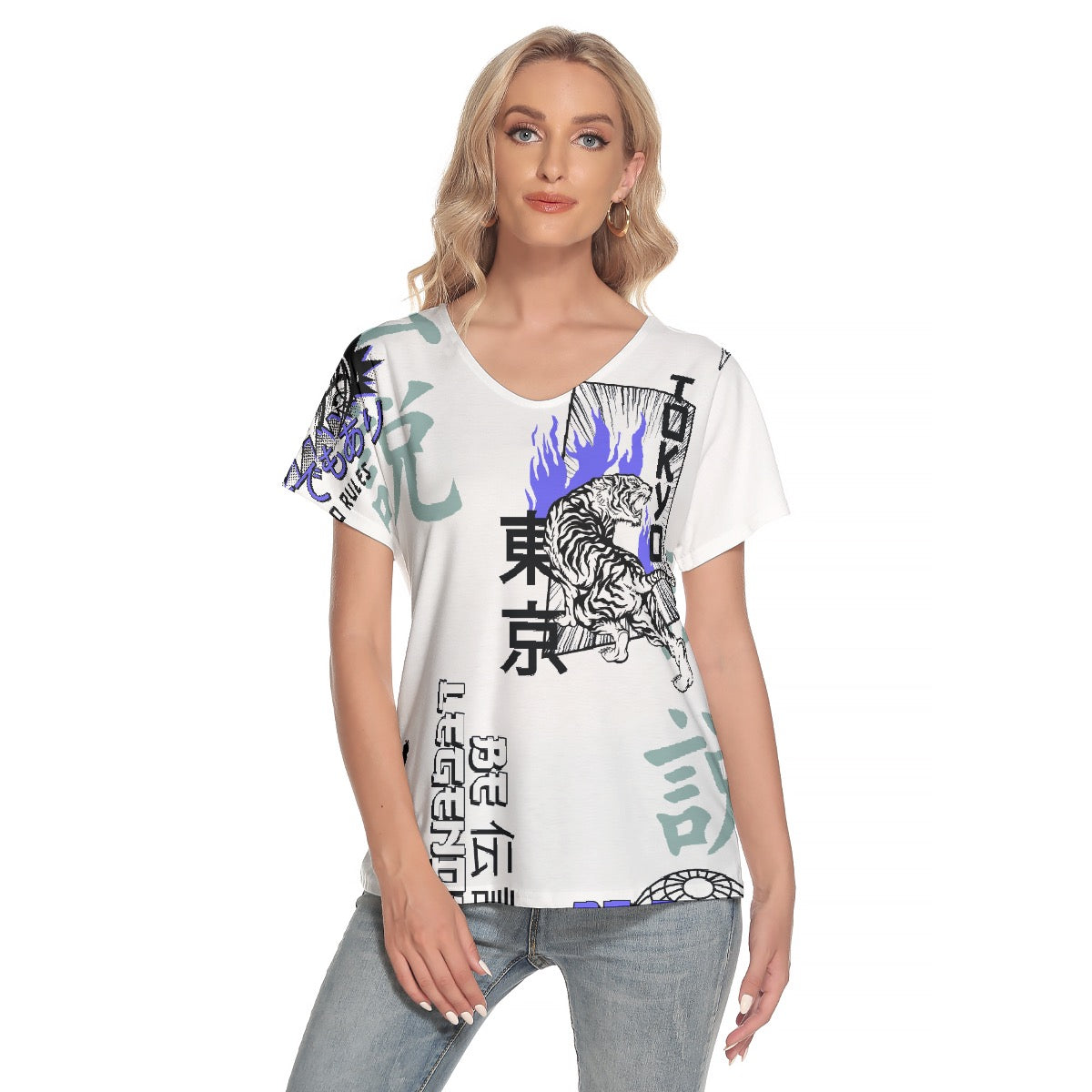 All-Over Print Women's Loose V-neck Short Sleeve T-shirt