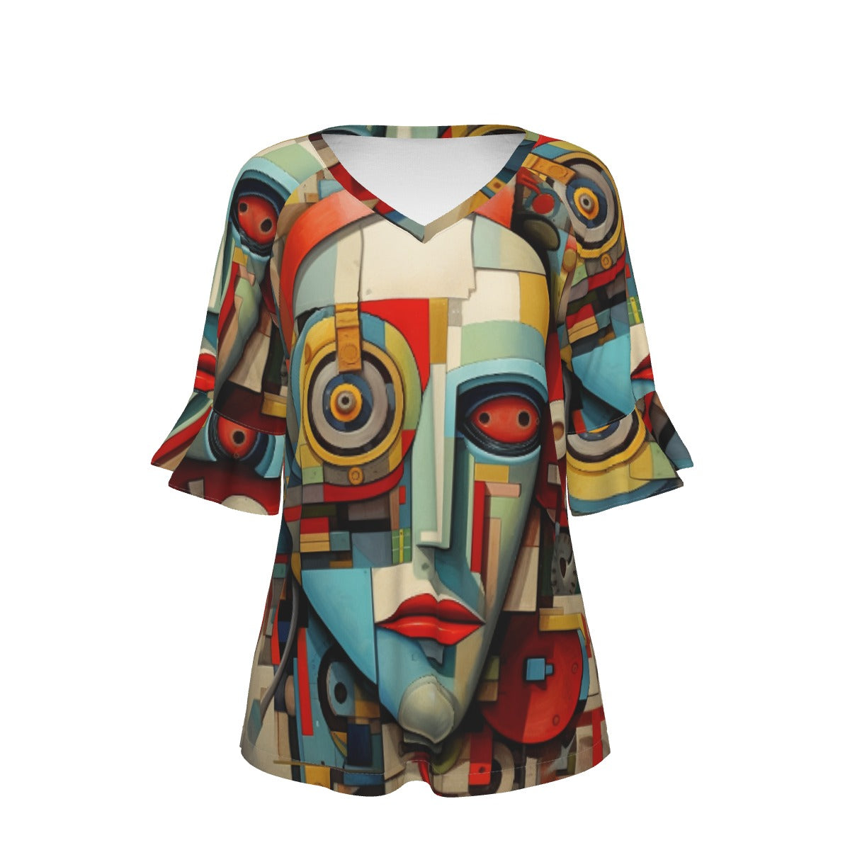 All-Over Print V-neck Women's T-shirt With Bell Sleeve