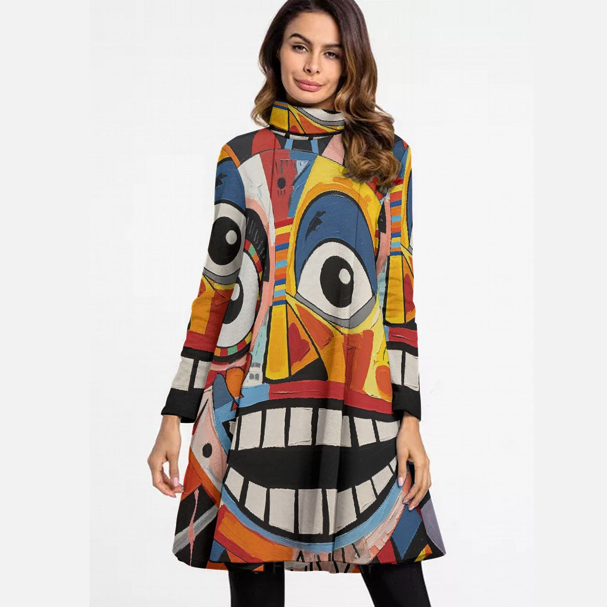 All-Over Print Women's High Neck Dress With Long Sleeve