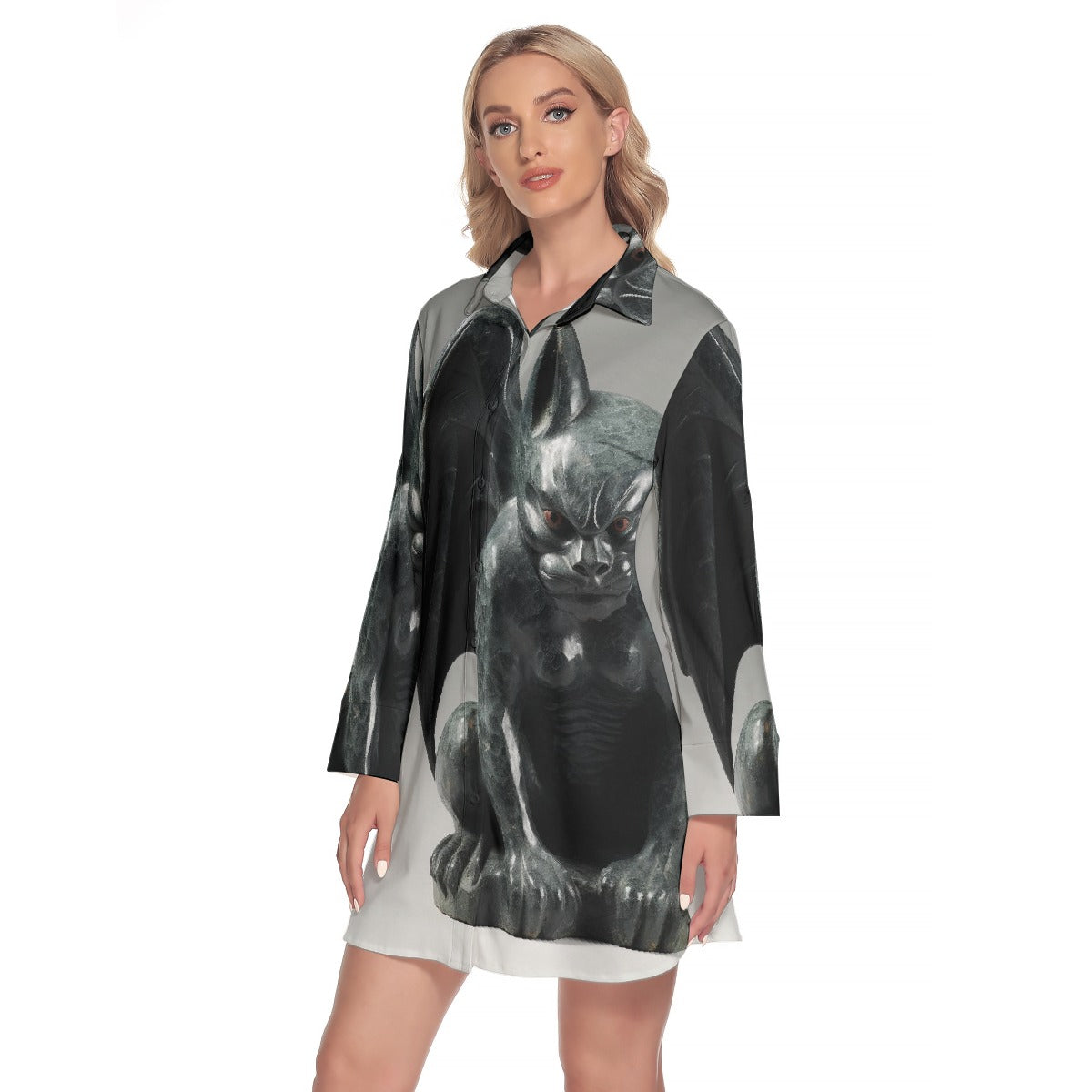 All-Over Print Women's Lapel Shirt Dress With Long Sleeve