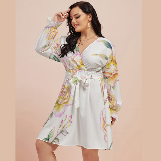 All-Over Print Women's V-neck Dress With Waistband(Plus Size)