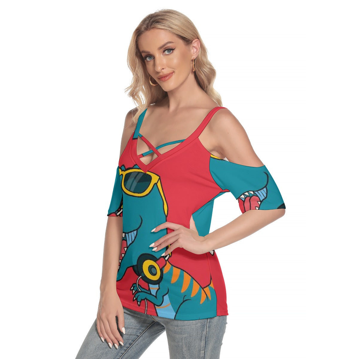 All-Over Print Women's Cold Shoulder T-shirt With Criss Cross Strips