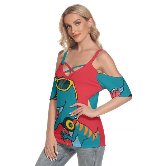 All-Over Print Women's Cold Shoulder T-shirt With Criss Cross Strips