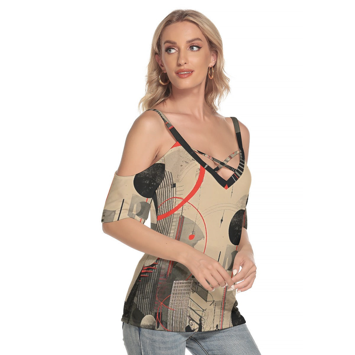 All-Over Print Women's Cold Shoulder T-shirt With Criss Cross Strips