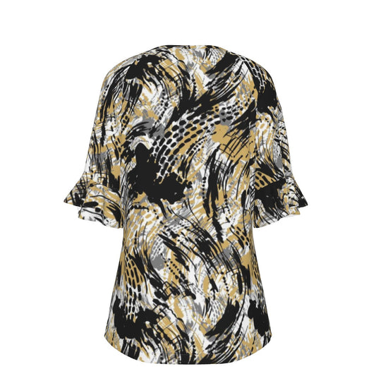 All-Over Print V-neck Women's T-shirt With Bell Sleeve