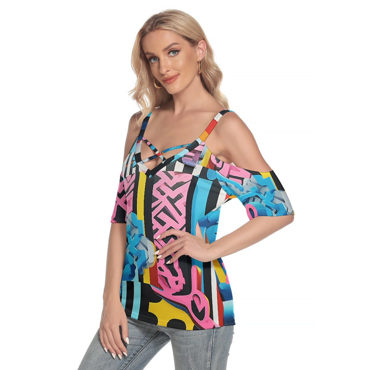 All-Over Print Women's Cold Shoulder T-shirt With Criss Cross Strips