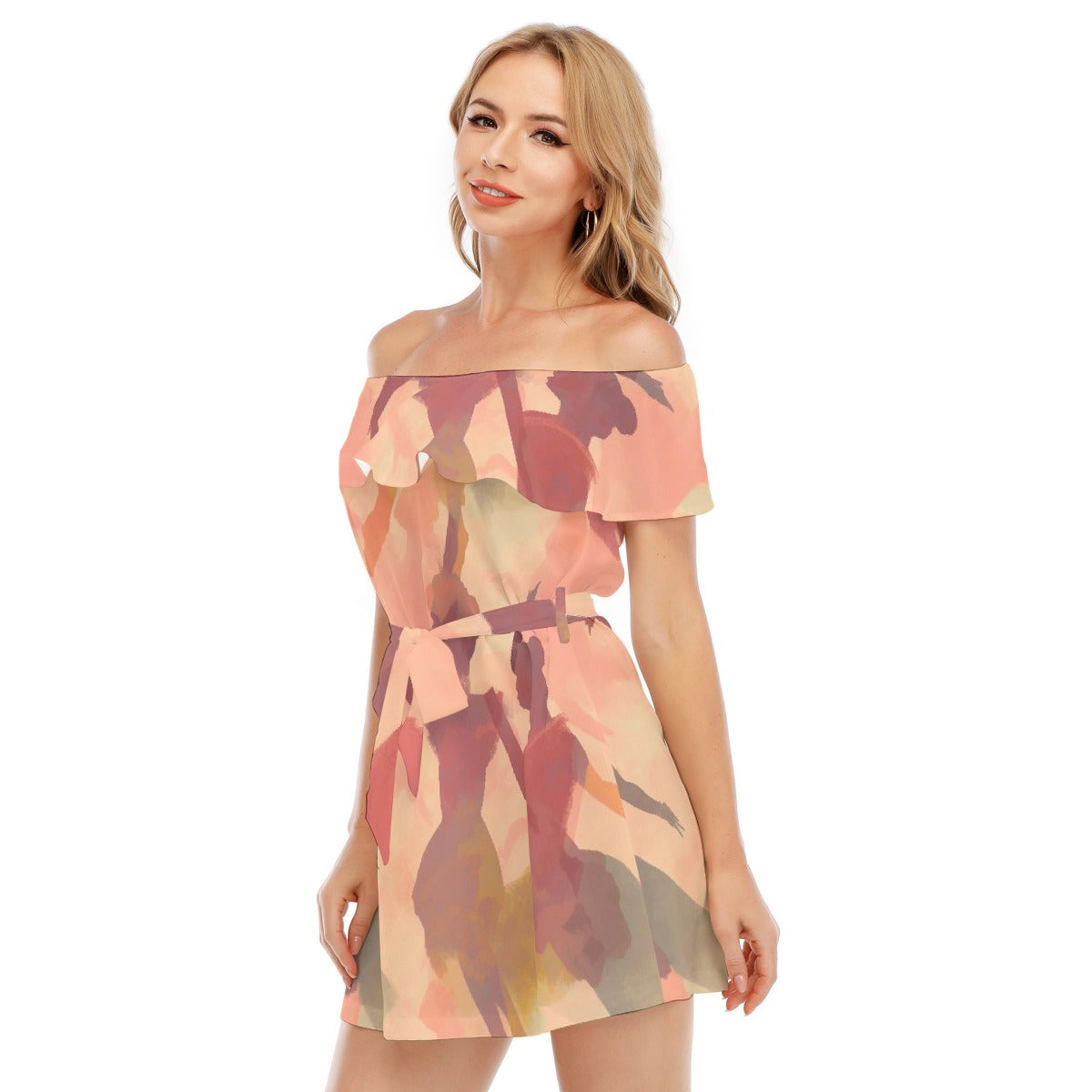 All-Over Print Women's Off-shoulder Dress With Ruffle