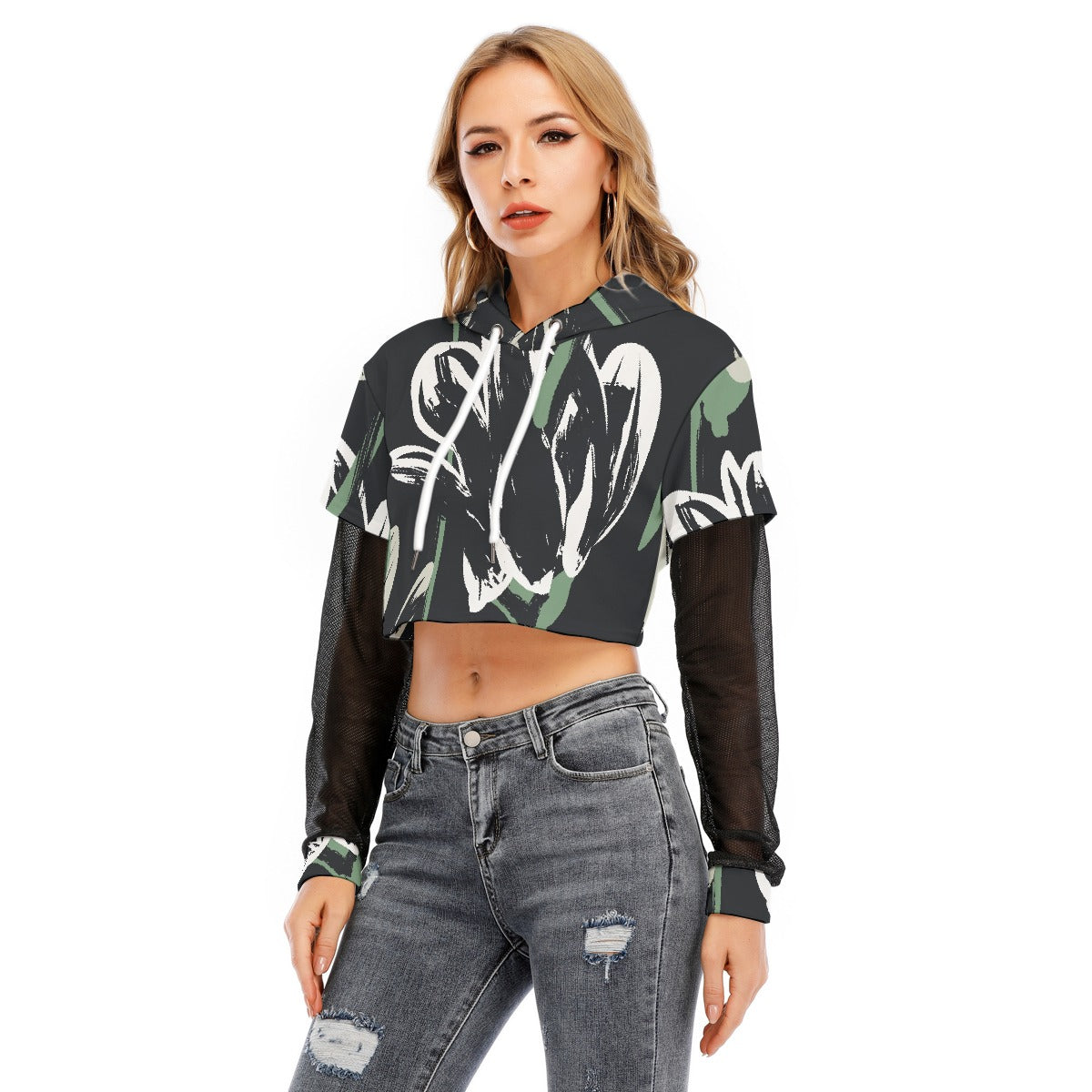 All-Over Print Women's Fake Two-piece Mesh Sleeve Cropped Hoodie