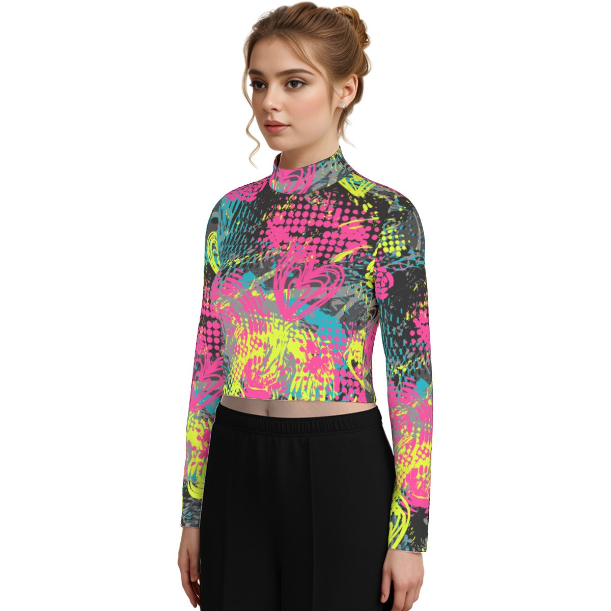 Eco-Friendly All-Over Print Women's Turtleneck T-shirt With Long Sleeve