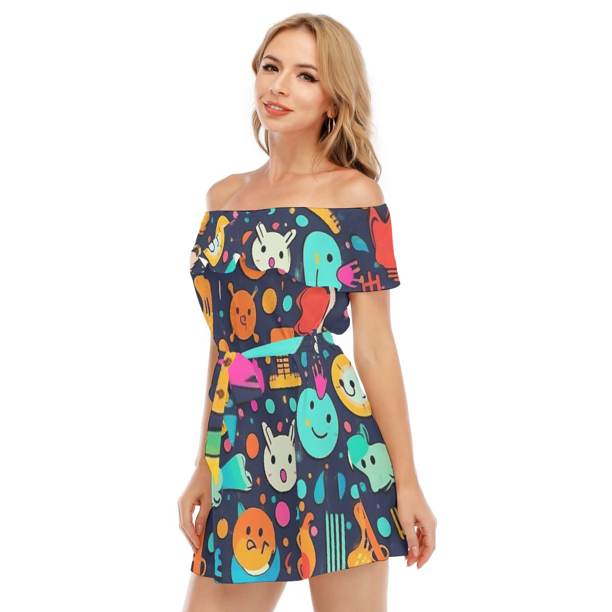 All-Over Print Women's Off-shoulder Dress With Ruffle