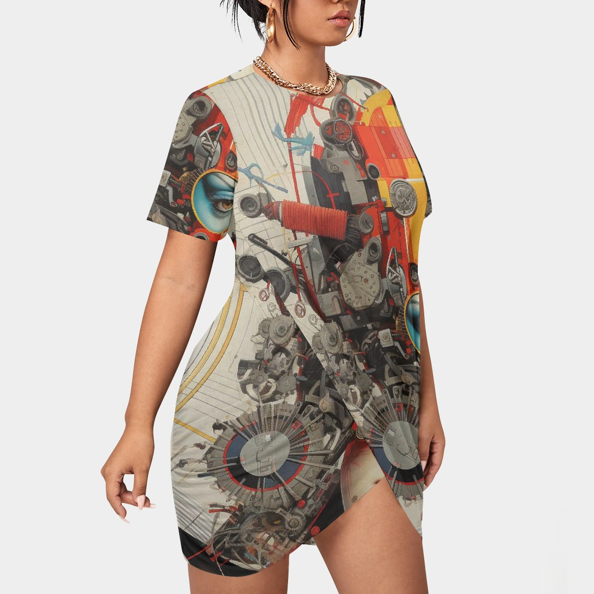 All-Over Print Women’s Stacked Hem Dress With Short Sleeve（Plus Size）