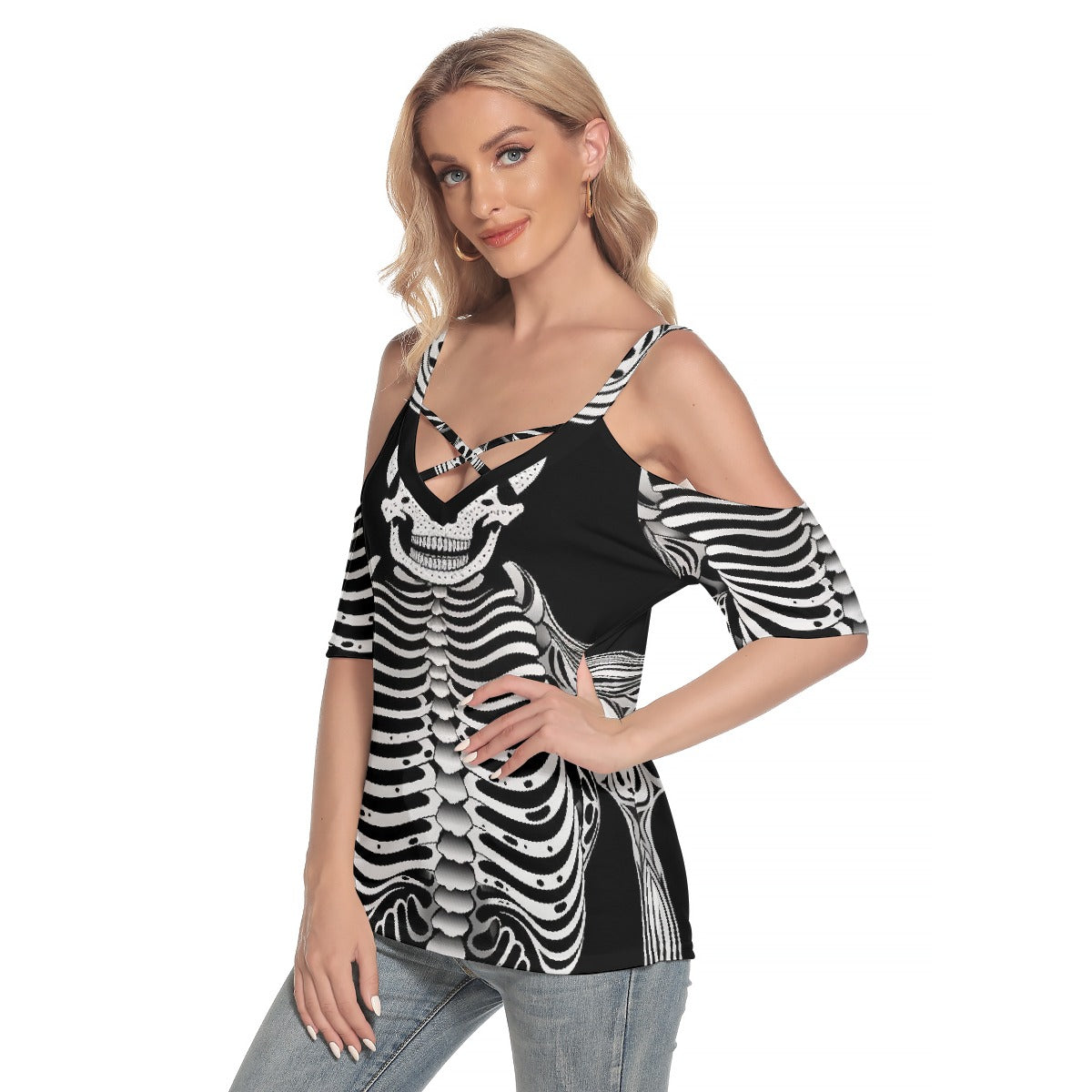 All-Over Print Women's Cold Shoulder T-shirt With Criss Cross Strips