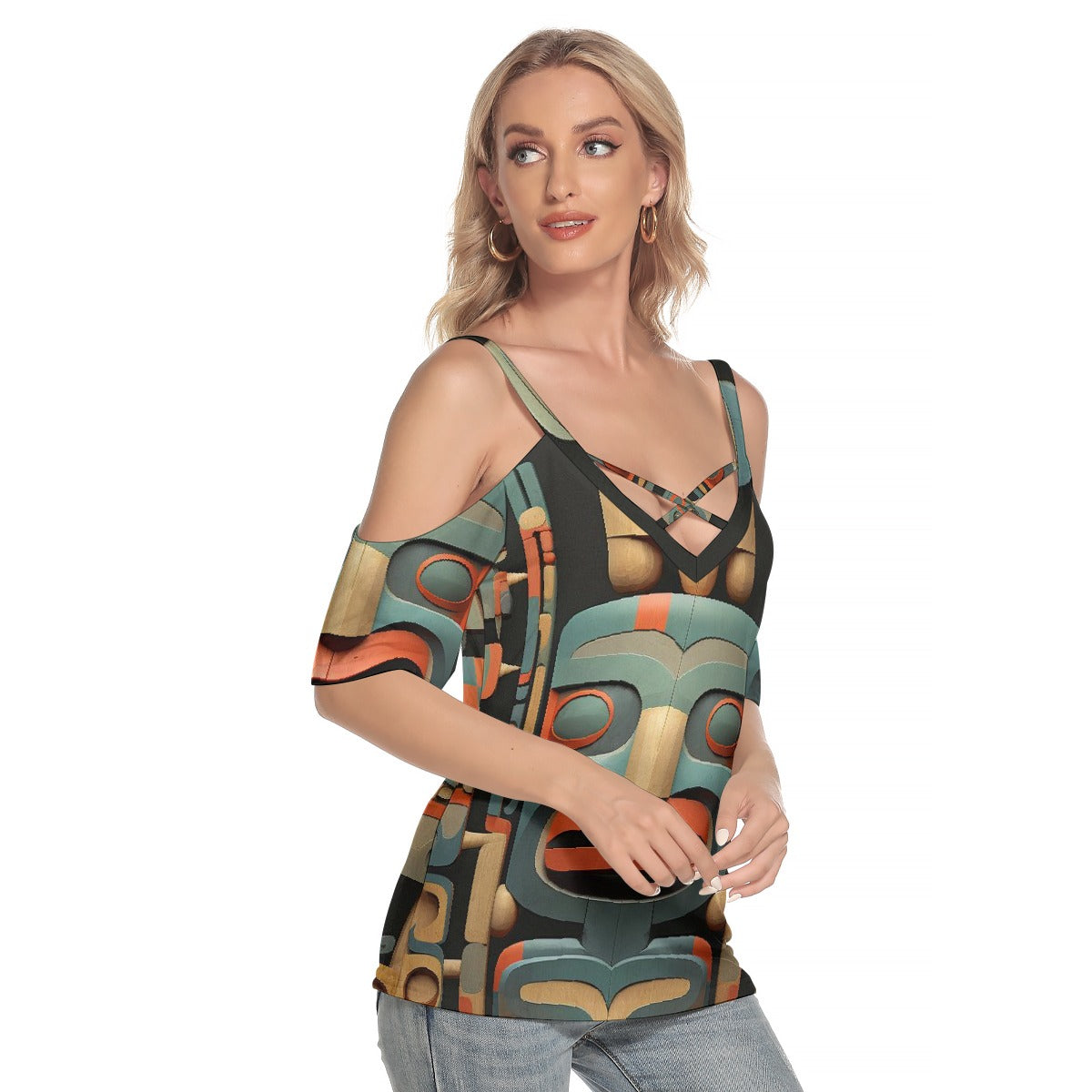 All-Over Print Women's Cold Shoulder T-shirt With Criss Cross Strips