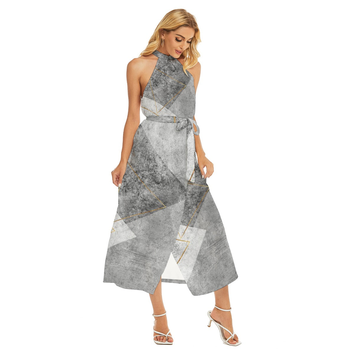 All-Over Print Women's Wrap Hem Belted Halter Dress