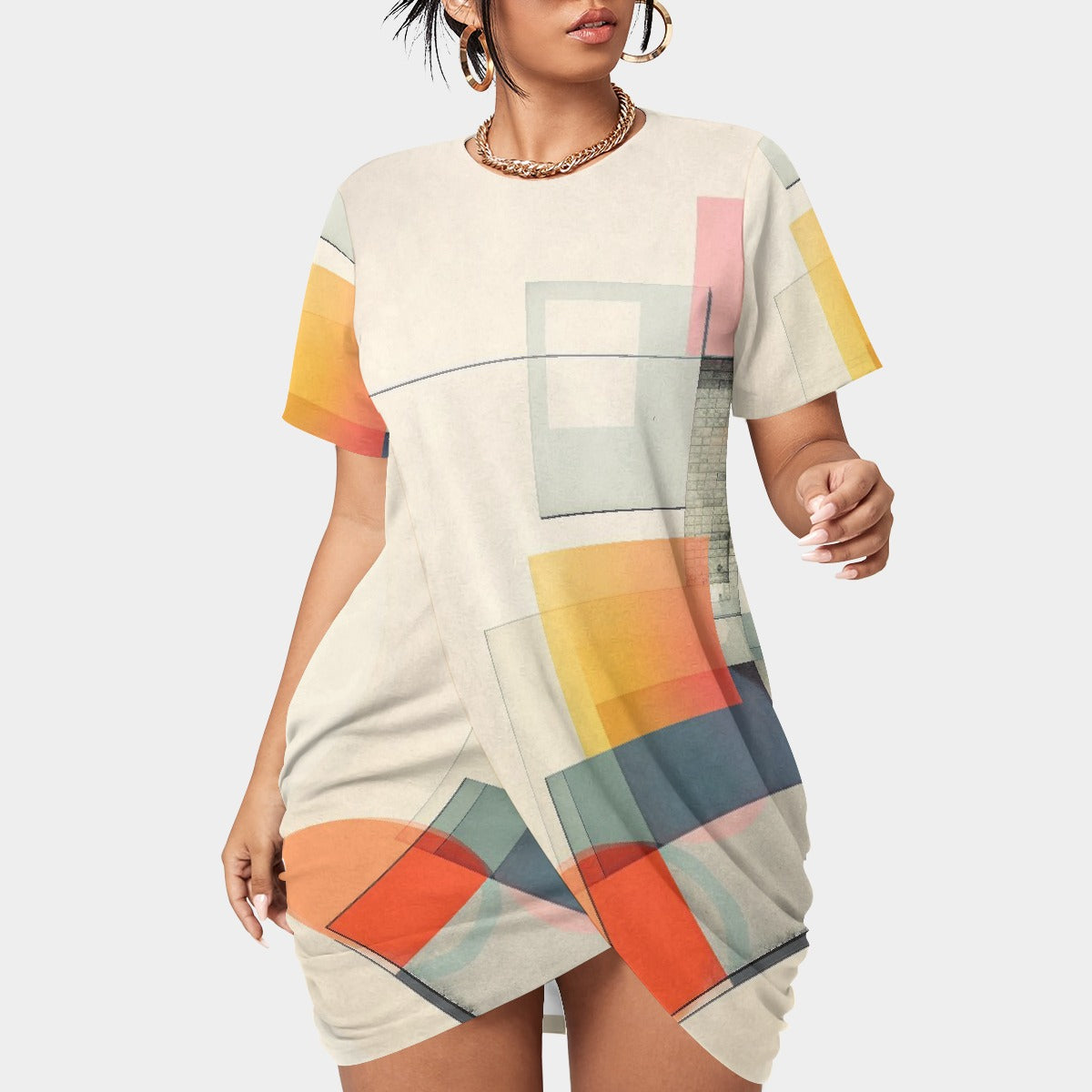 All-Over Print Women’s Stacked Hem Dress With Short Sleeve（Plus Size）