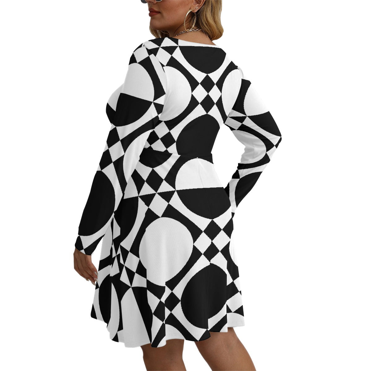 All-Over Print Women's V-neck Long Sleeve Dress(Plus Size)