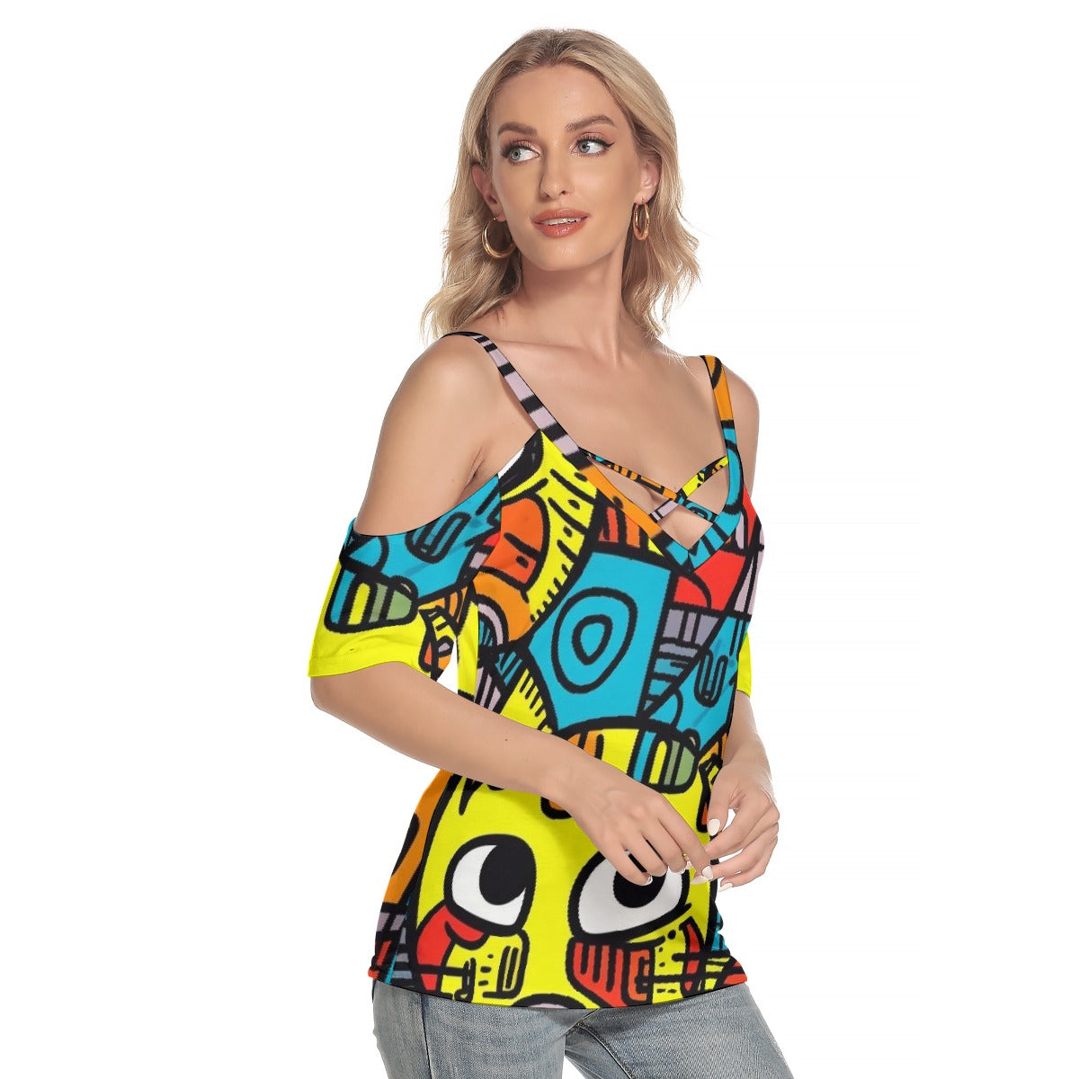 All-Over Print Women's Cold Shoulder T-shirt With Criss Cross Strips