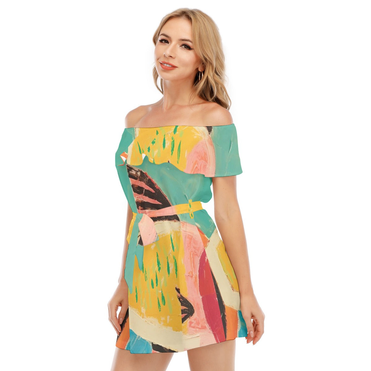 All-Over Print Women's Off-shoulder Dress With Ruffle