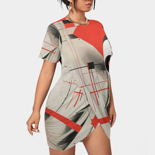 All-Over Print Women’s Stacked Hem Dress With Short Sleeve（Plus Size）