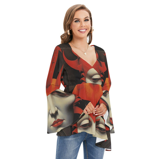 All-Over Print Women's V-neck Blouse With Flared Sleeves