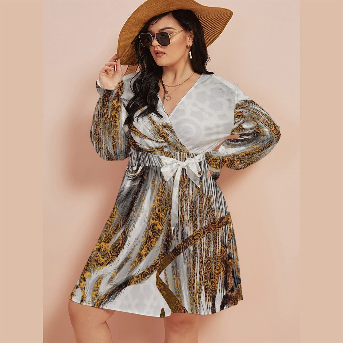 All-Over Print Women's V-neck Dress With Waistband(Plus Size)