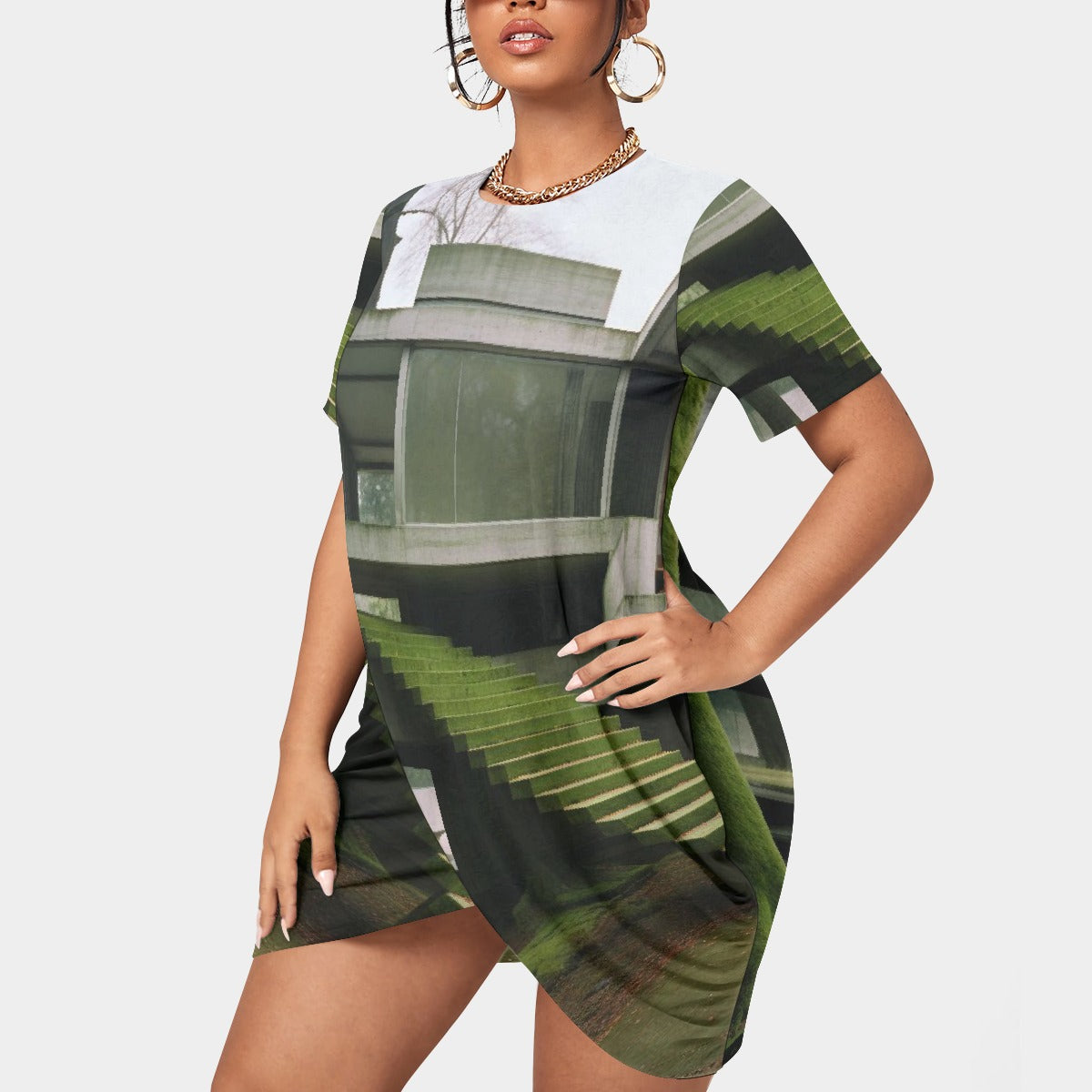 All-Over Print Women’s Stacked Hem Dress With Short Sleeve（Plus Size）