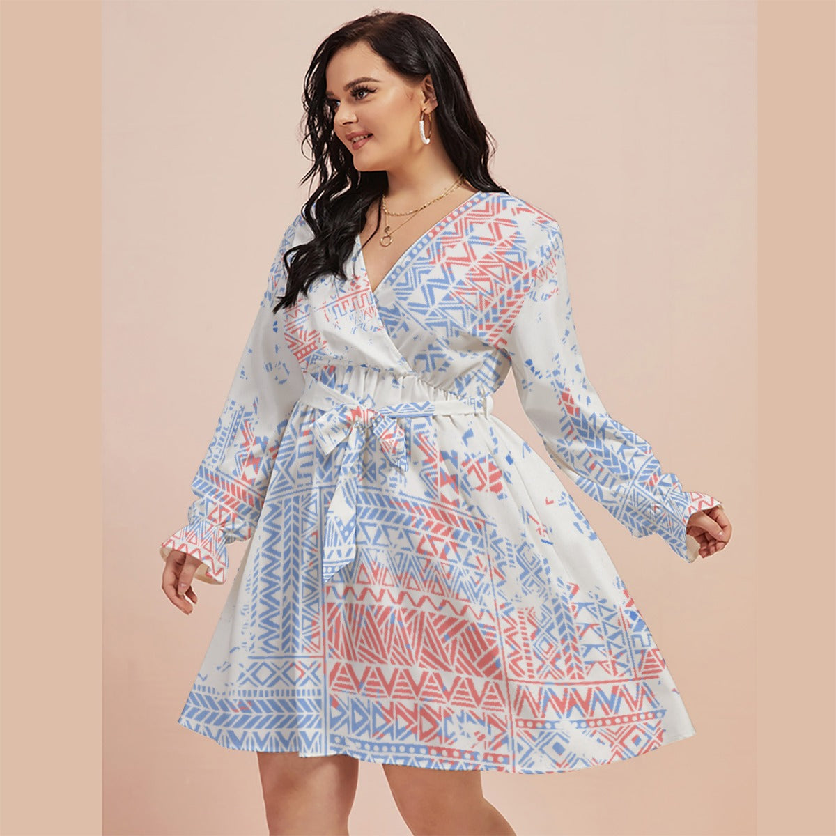 All-Over Print Women's V-neck Dress With Waistband(Plus Size)