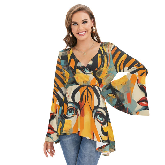 All-Over Print Women's V-neck Blouse With Flared Sleeves