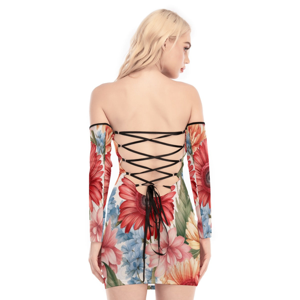 All-Over Print Women's Off-shoulder Back Lace-up Dress