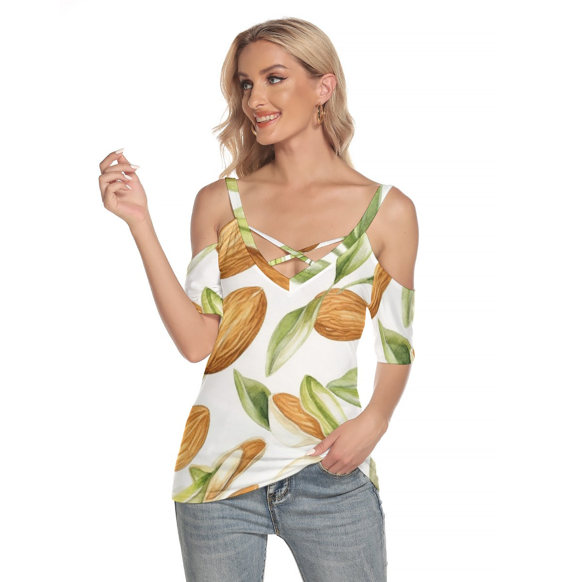 All-Over Print Women's Cold Shoulder T-shirt With Criss Cross Strips