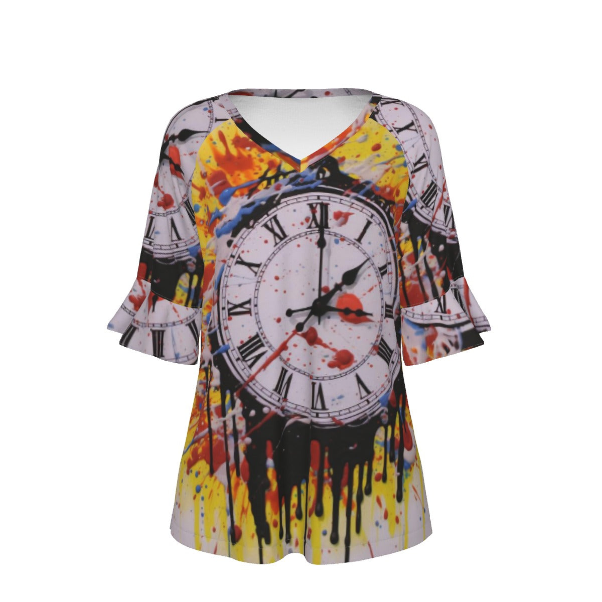 All-Over Print V-neck Women's T-shirt With Bell Sleeve