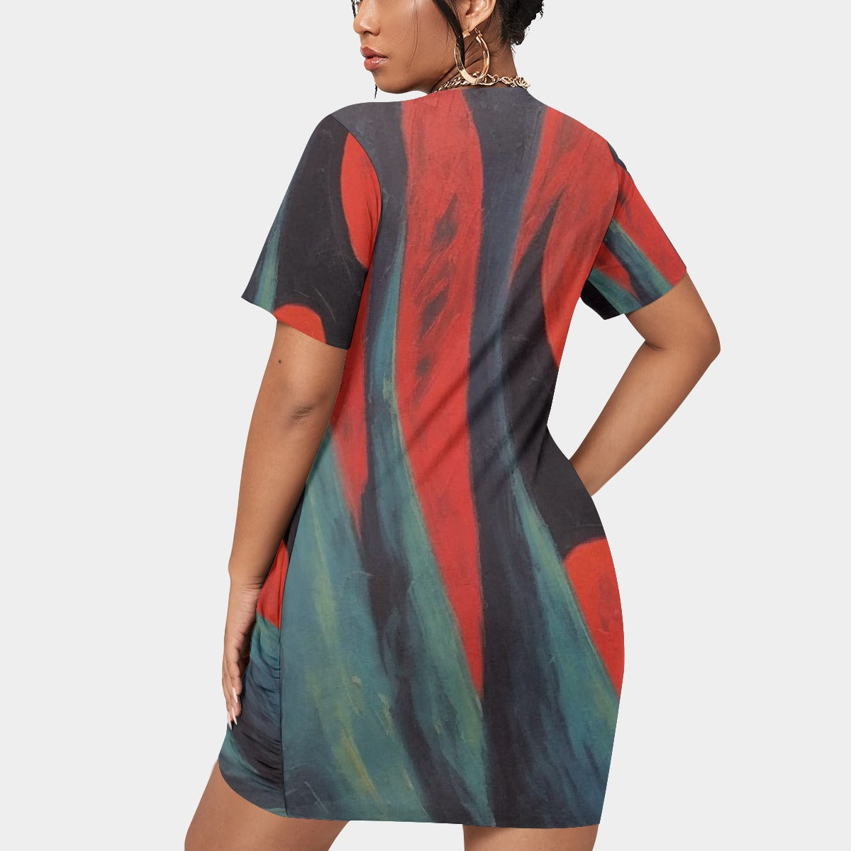 All-Over Print Women’s Stacked Hem Dress With Short Sleeve（Plus Size）