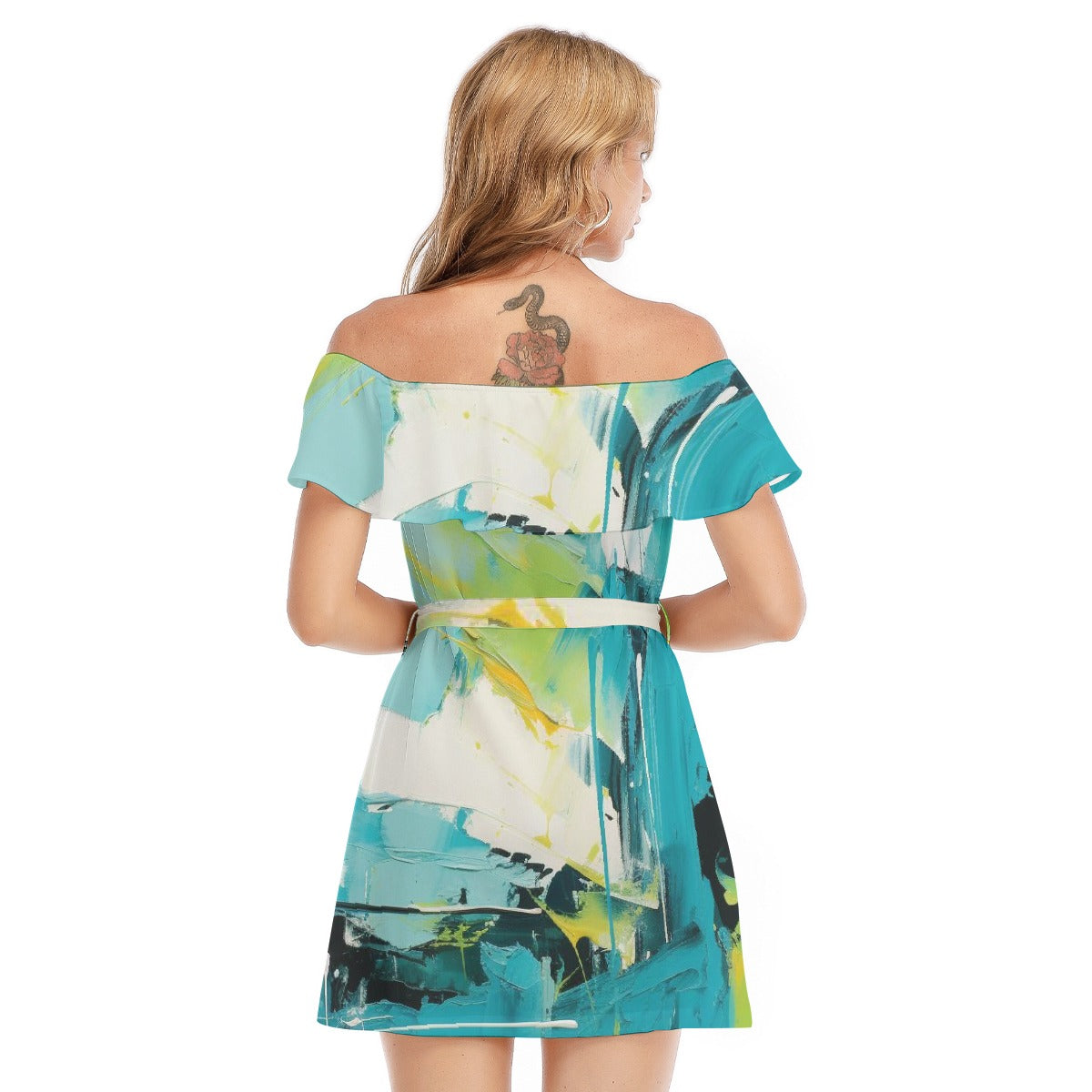 All-Over Print Women's Off-shoulder Dress With Ruffle