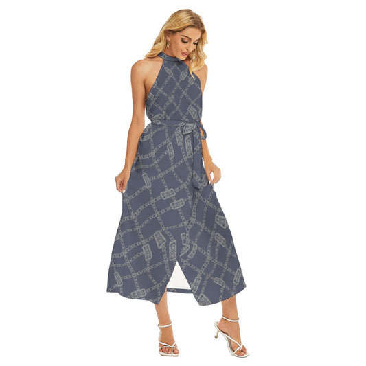 All-Over Print Women's Wrap Hem Belted Halter Dress