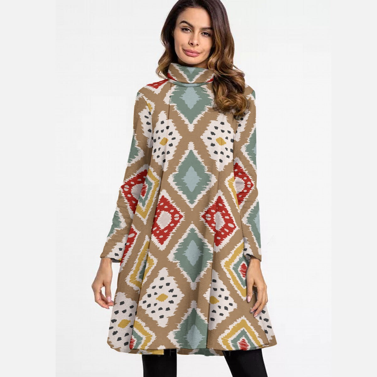 All-Over Print Women's High Neck Dress With Long Sleeve