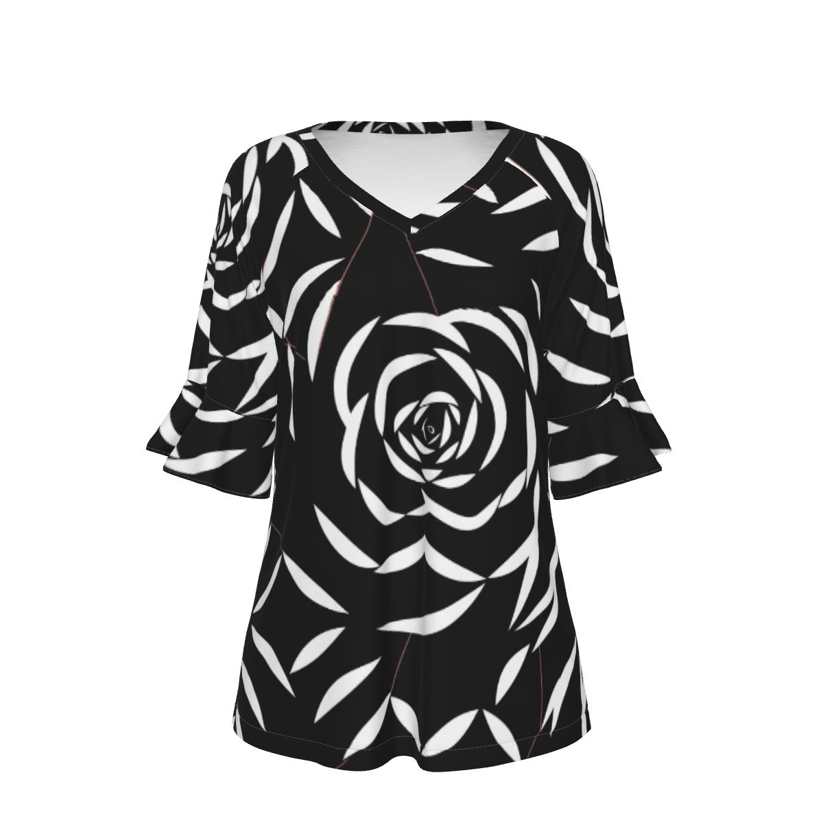 All-Over Print V-neck Women's T-shirt With Bell Sleeve