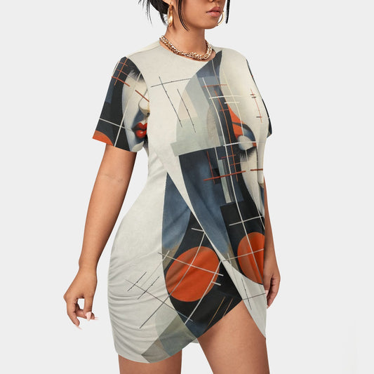 All-Over Print Women’s Stacked Hem Dress With Short Sleeve（Plus Size）