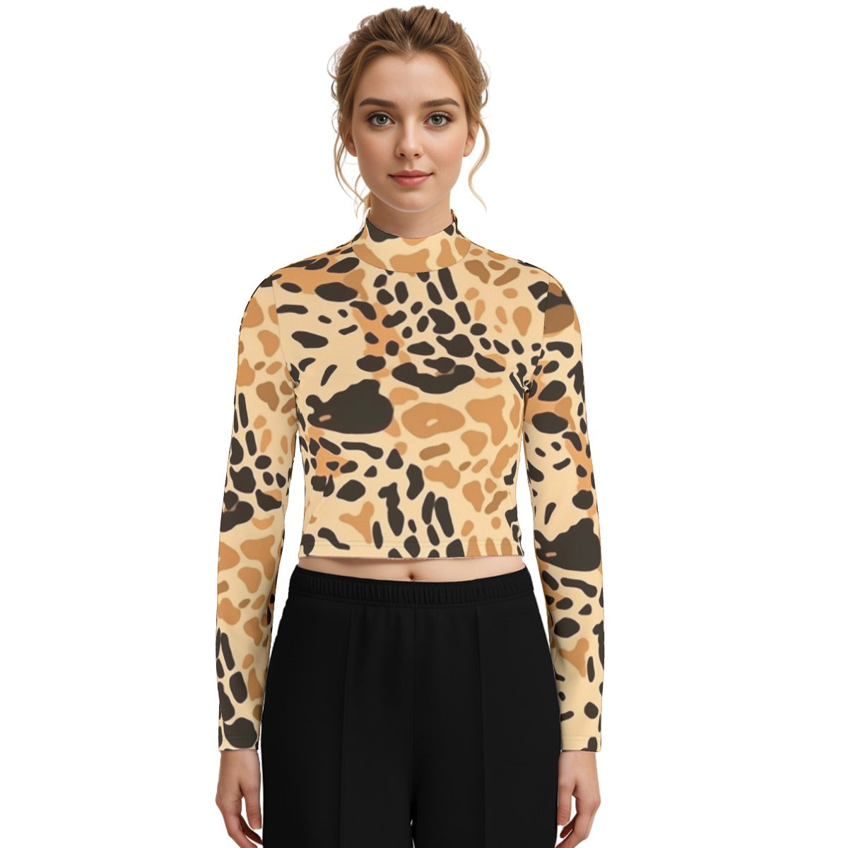 Eco-Friendly All-Over Print Women's Turtleneck T-shirt With Long Sleeve