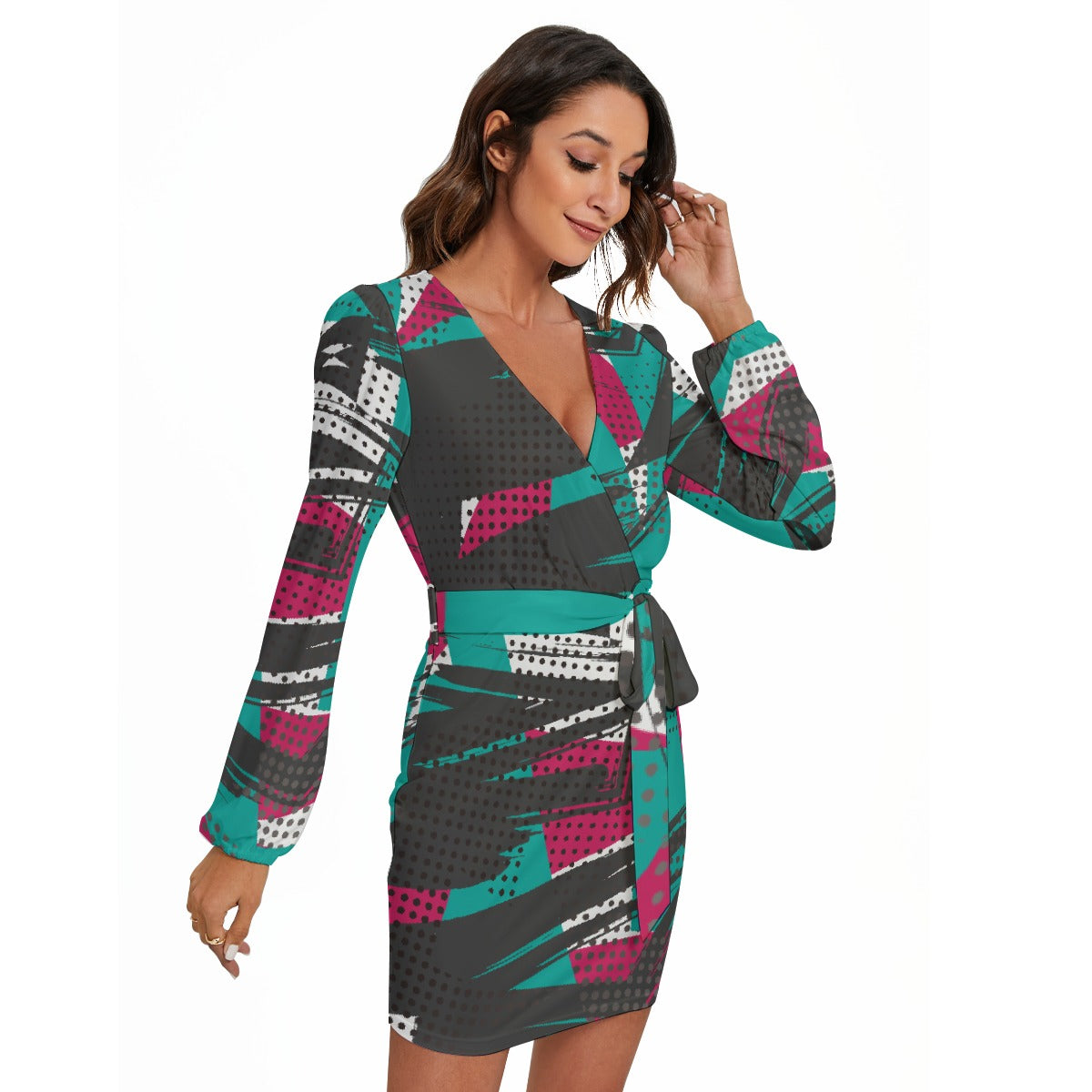 All-Over Print Women's Long Sleeve Dress With Waist Belt