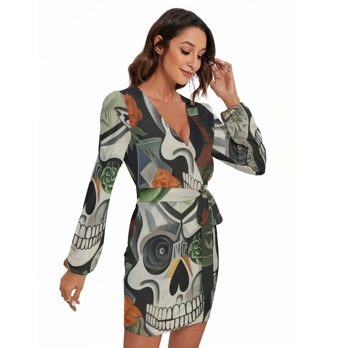 All-Over Print Women's Long Sleeve Dress With Waist Belt