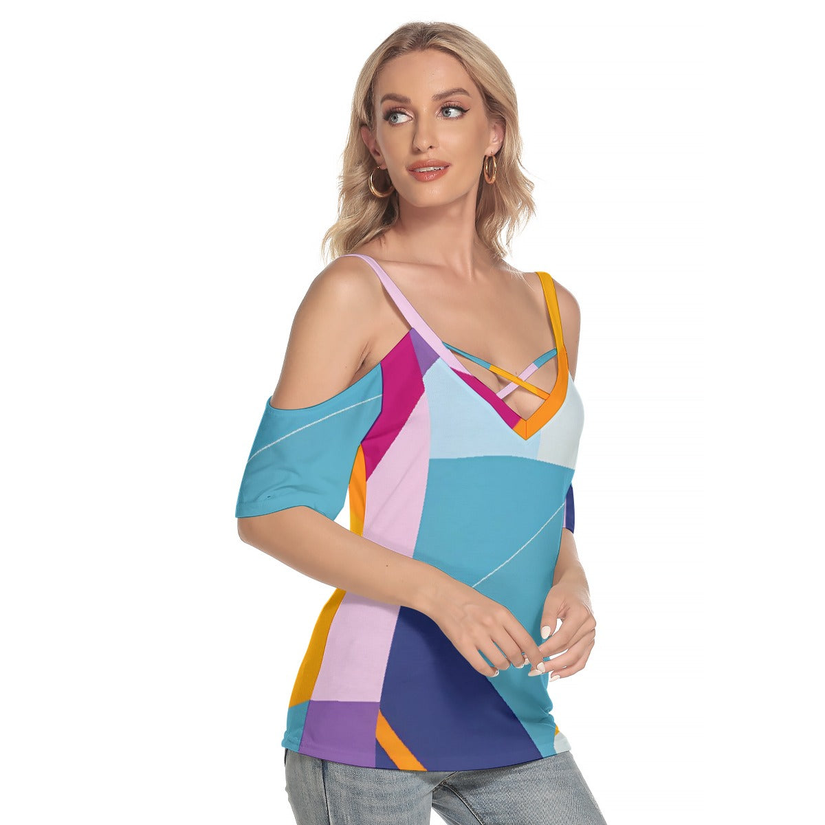 All-Over Print Women's Cold Shoulder T-shirt With Criss Cross Strips