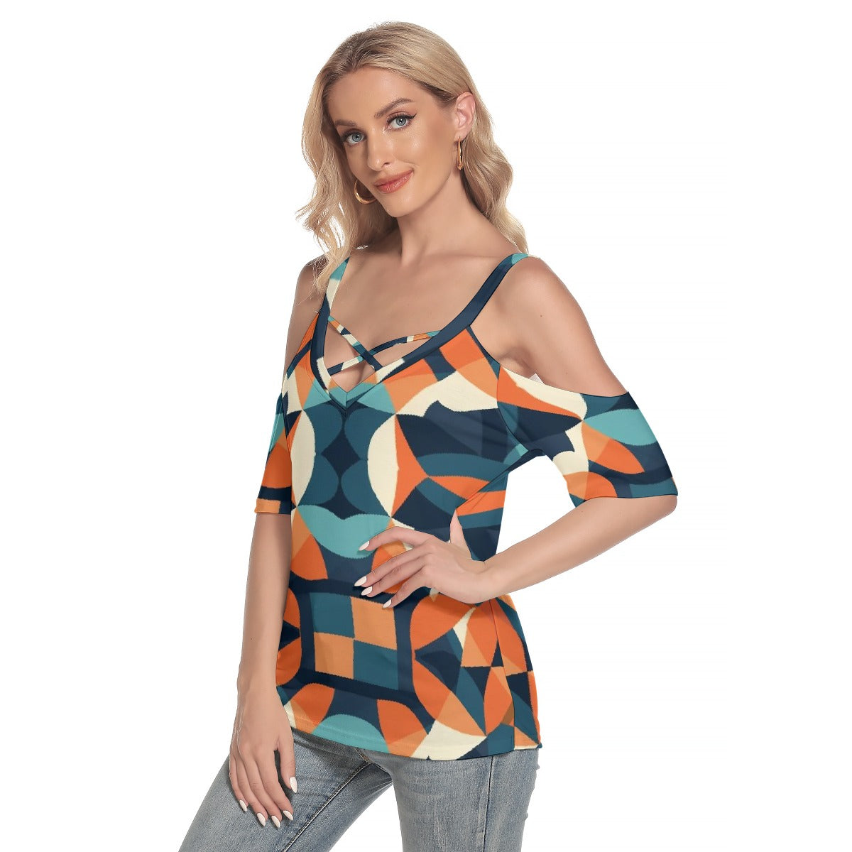 All-Over Print Women's Cold Shoulder T-shirt With Criss Cross Strips