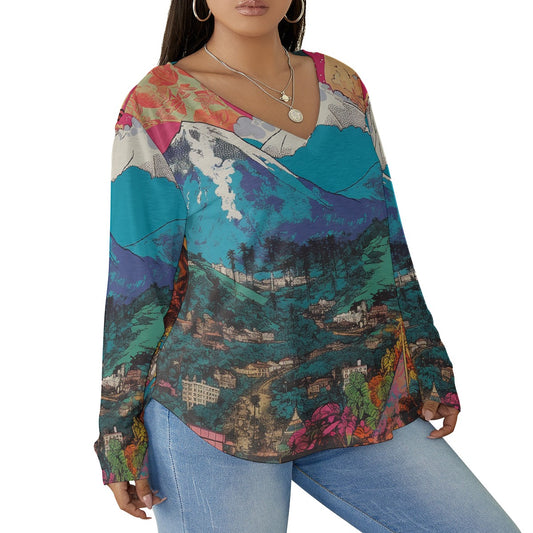 All-Over Print Women's V-neck T-shirt With Curved Hem(Plus Size)