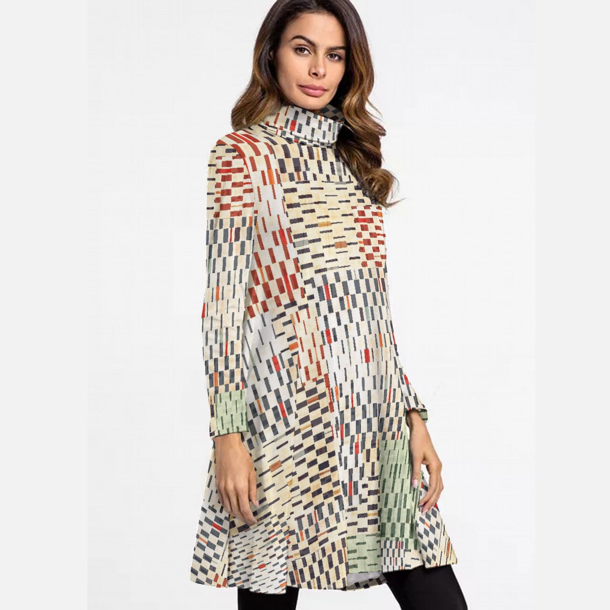 All-Over Print Women's High Neck Dress With Long Sleeve