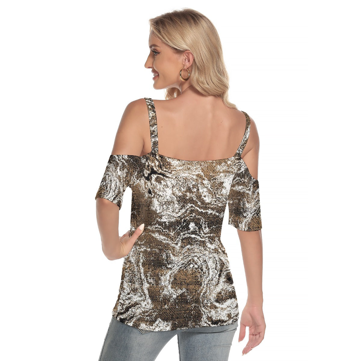 All-Over Print Women's Cold Shoulder T-shirt With Criss Cross Strips