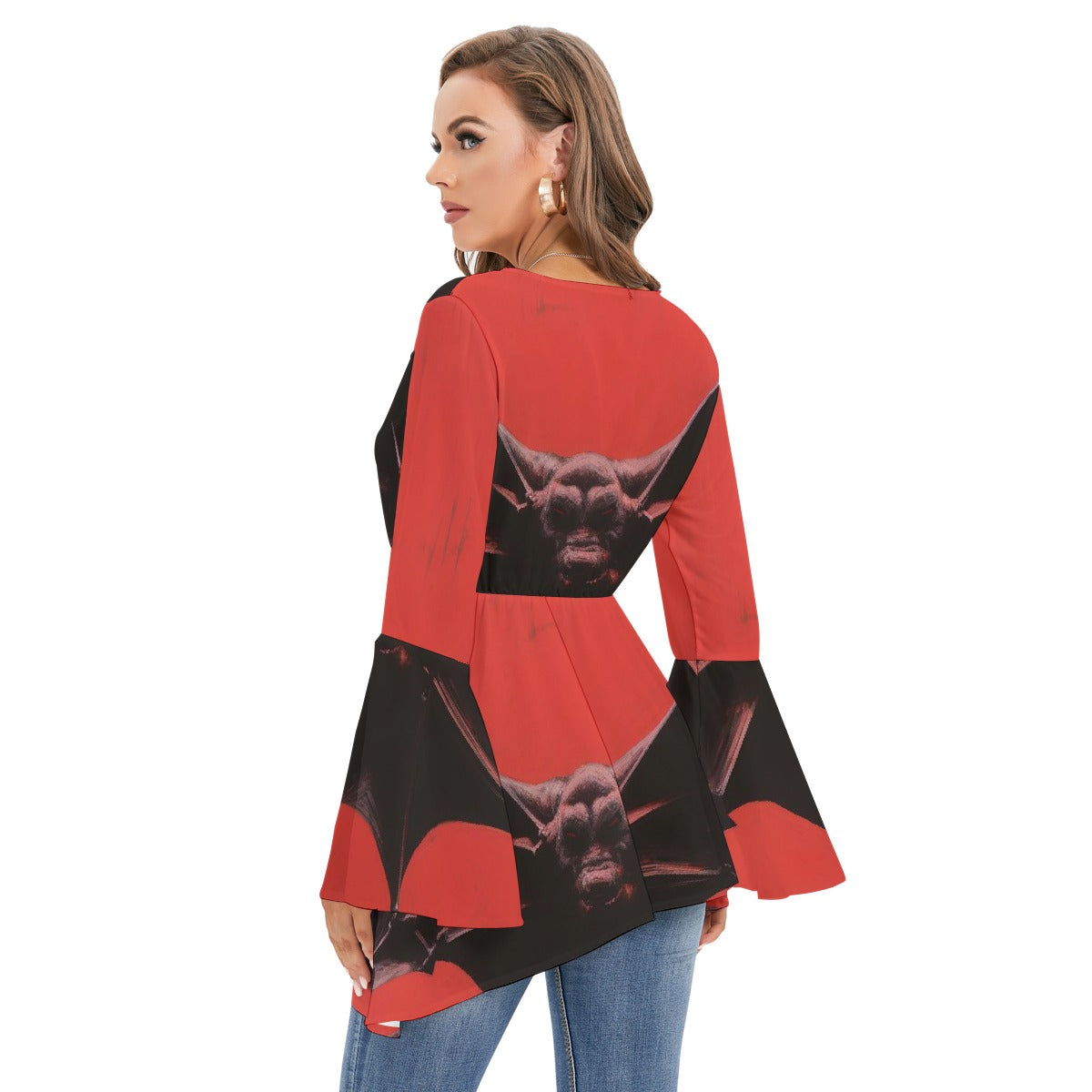 All-Over Print Women's V-neck Blouse With Flared Sleeves