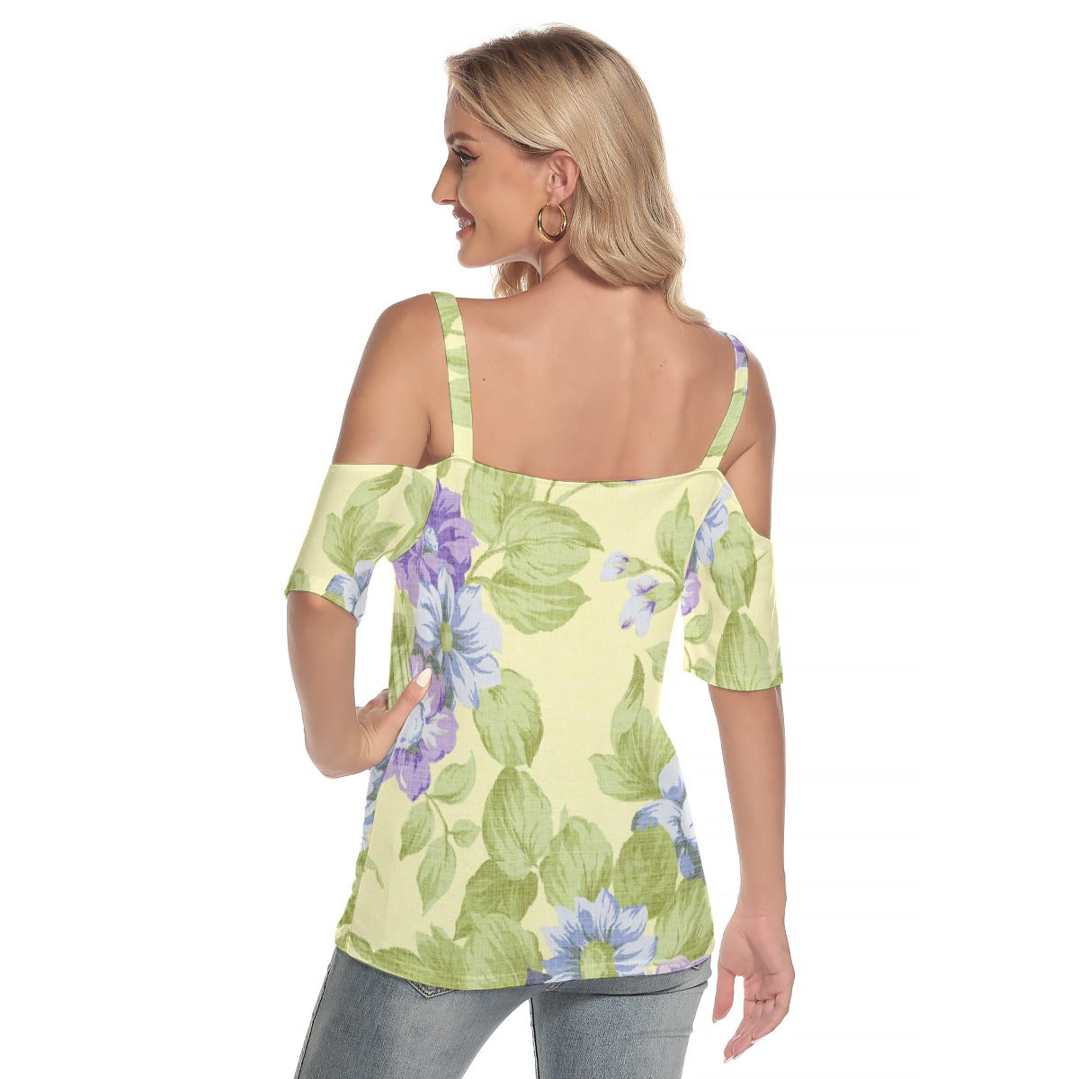 All-Over Print Women's Cold Shoulder T-shirt With Criss Cross Strips